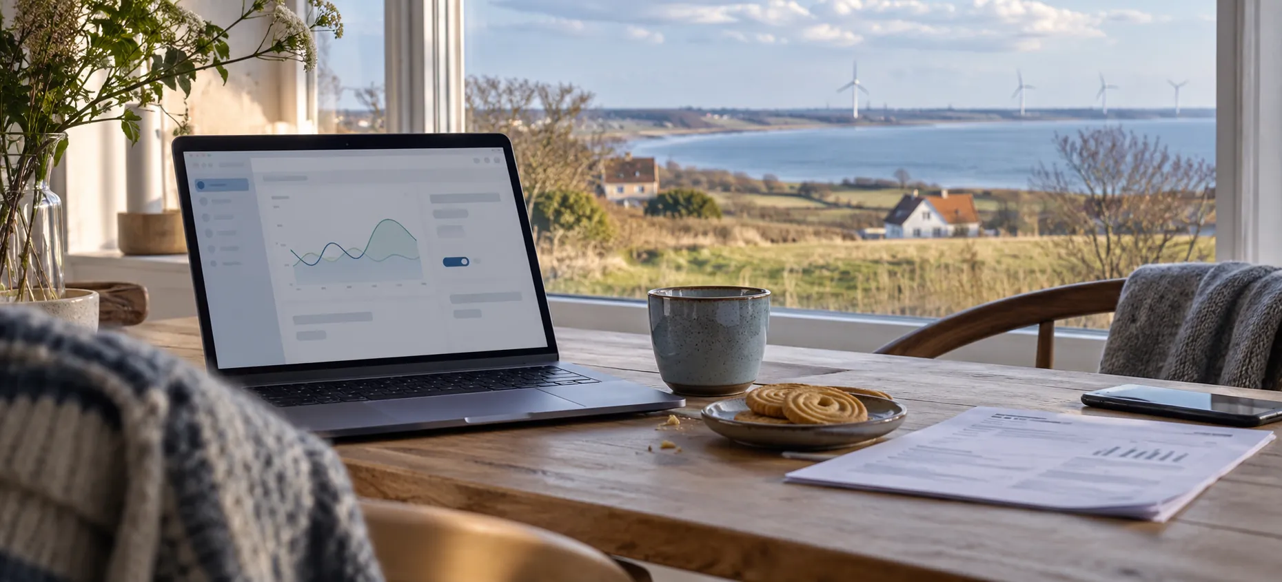 Dansk hjem med elprisgraf på computer, elregning, småkager og vindmøller ved kysten