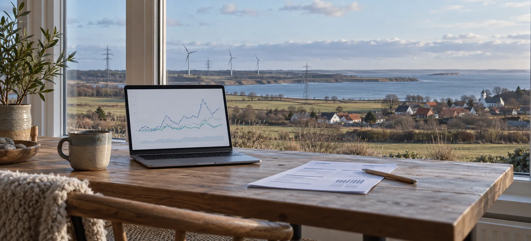 Dansk kystlandskab med vindmøller og elnet bag computer med elprisgraf og elregning