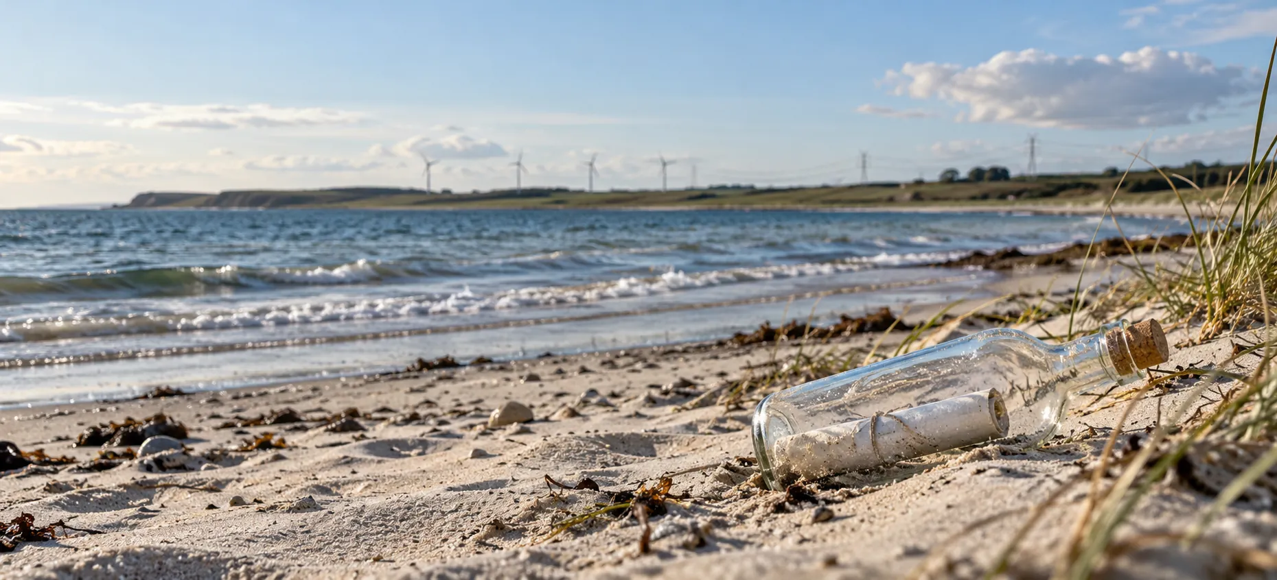 Flaskepost på en dansk strand med vindmøller og elnet på kysten i baggrunden