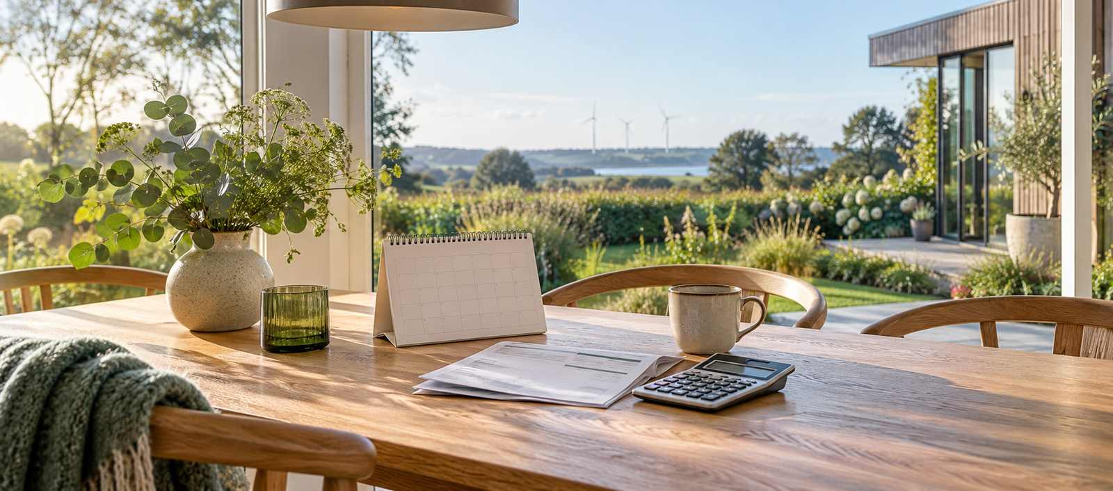 Månedskalender, elregning og lommeregner på et bord i et lyst dansk hjem