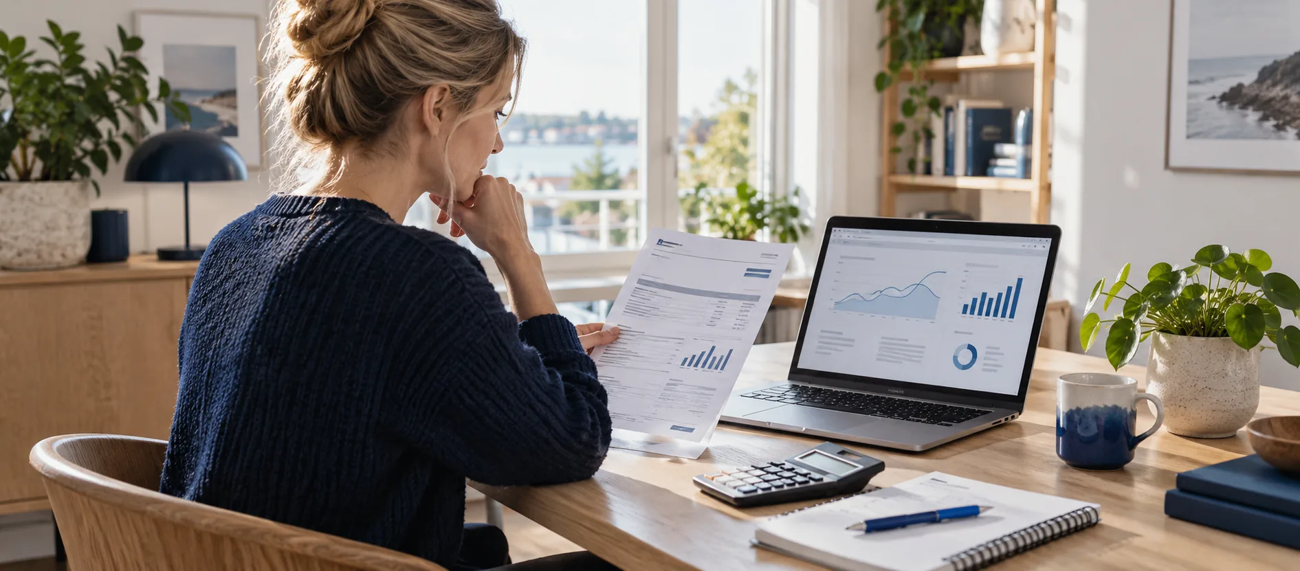 Elregning, computer og beregning af elpris ved et skrivebord i et dansk hjem